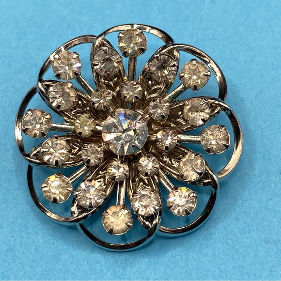 Jewelry - Vintage Rhinestone Brooch Round Riveted Stunning Sparkling MCM Pin Silver Tone